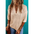 Apricot Turn-down Collar Hollowed Knit Short Sleeve Top