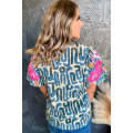 Sky Blue Stripe Plus Size Abstract Print Floral Embroidered Puff Sleeve Blouse