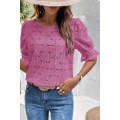 Bright Pink Flower Eyelet Jacquard Keyhole Flounce Sleeve Top