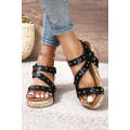 Black Rivet Hollow Out Leather Wedge Sandals