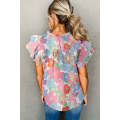 Pink Floral Ruffled Flutter Sleeve Pleated Blouse