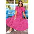 Rose Red Flower Mock Neck Puff Sleeve Tiered Maxi Dress