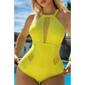 Yellow Mesh Patchwork Halter Hollow-out One Piece Swimwear