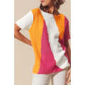 Orange Textured Knit Colorblock Short Sleeve Sweater