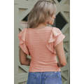 Apricot Pink Wavy Textured Ruffle Sleeve Top