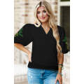 Black Floral Embroidered Puff Sleeve Notched Neck Blouse