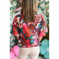 Rose Red Floral Print Puff Sleeve Notched V Neck Blouse
