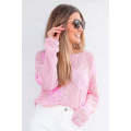 Light Pink Big Flower Hollowed Knit Drop Shoulder Sweater