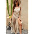 Beige Boho Pointelle Crochet Sleeveless Fringed Beach Dress