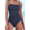 Navy Blue Ribbed Drawstring Sides Cutout One Piece Swimsuit