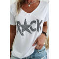 White Rhinestoned ROCK Star Graphic V Neck T Shirt