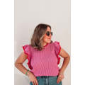 Rose Red Ruffled Contrast Trim Plus Size Short Sleeve Sweater