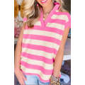 Pink Stripe V Neck Collared Cap Sleeve Top