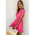 Strawberry Pink Ruched Sleeve V Neck Smock Waist Tiered Ruffled Dress
