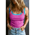 Bright Pink Colorblock Edge Ribbed Knit U Neck Tank Top