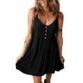 Black Button V Neck Frilly Tiered Sleeveless Dress