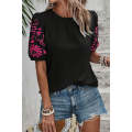 Black Floral Embroidered Textured Puff Sleeve T Shirt