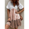 Light French Beige Triple Colors V Neck Folded Cuffs Tiered Loose Dress