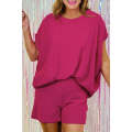 Rose Red Textured Dolman Sleeve Top and Shorts Plus Size Set