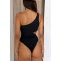 Black Solid Textured Cut Out One Shoulder Monokini