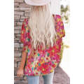Pink Shirred Cuffs 3/4 Sleeve Floral Blouse