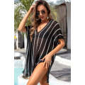 Black Striped Crochet Loose Fit V Neck Beach Cover Up