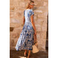 Sky Blue Boho Printed Short Sleeve Flare Tiered Dress