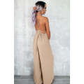 Apricot Spaghetti Straps Waist Tie Wide Leg Jumpsuit with Pockets