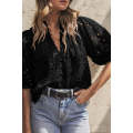 Black Flower Embroidered Hollow-out Puff Sleeve Blouse