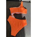 Orange Wavy Textured Cut Out One Shoulder Monokini