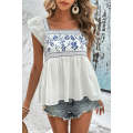 White Embroidered Bust Square Neck Peplum Blouse