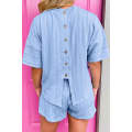 Beau Blue Textured Buttoned Slit Back Tee Shorts Set