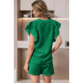 Bright Green Textured Ruffled Sleeve Tee and Drawstring Shorts Set