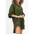 Moss Green High-low Hem Ruffle Sleeve Pleated Shirt Dress