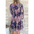 Purple Vintage Daisy Floral Puff Sleeve Ruffle Short Dress