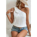White Textured Bowknot One Shoulder Tank Top
