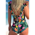 Green Floral Print Ruffled V Neck Ruched One Piece Swimwear