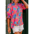 Rose Frilly Mock Neck Short Puff Sleeve Floral Blouse