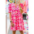 Pink Abstract Printed Puff Short Sleeve Tiered Loose Dress