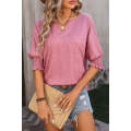 Rose Tan Smocked Puff Sleeve Notched Neck T Shirt