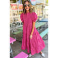 Rose Red Flower Mock Neck Puff Sleeve Tiered Maxi Dress