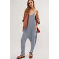 Gray Waffle Knit Spaghetti Straps Loose Fit Jumpsuit