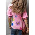 Pink Textured Colorful Floral Print Puff Sleeve T Shirt