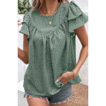 Laurel Green Dotted Ruffle Sleeve Crew Neck Ruched Blouse