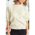 White Rhombus Pattern Ribbed Trim Short Sleeve Sweater