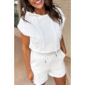 White Textured Cropped Hoodie and Shorts Set