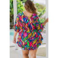 Rose Abstract Print Plus Size Frilly Trim Blouse