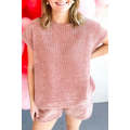 Rose Pink Two Piece Knitted Short Sleeve Top and Shorts Set