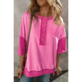 Rose Red Contrast Color Patchwork Half Button T Shirt