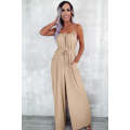 Apricot Spaghetti Straps Waist Tie Wide Leg Jumpsuit with Pockets
